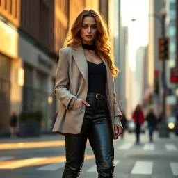 Create an ultra-realistic cinematic 8K fullbody of lady mode skin texture, add makeup,pretty boots,curvy long hair. Style: fashion editorial, confident posing standing in streets of a modern city. Lighting: warm golden hour sunlight, soft rim light. Camera look: shallow depth of field, film grain, cinematic color grade.