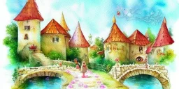 exquisite whimsical fairytale watercolor, delicate village, cute, adorable, linen backdrop, warm colors