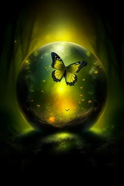 A butterfly inside 2:1 sphere faces image. Enchanted forest. fireflies wandering. mystical.