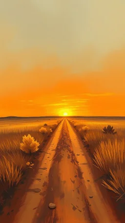 dusty dirt path with sunset in the prairies, old western, painting based on grainy photo, horizon at 1/3 from bottom, orange brown tones