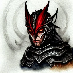 dnd, fantasy, watercolour, portrait, ilustration, elf, dark lord, armour, satanic, red, black, mighty, strong jaw