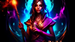 poster, a fantasy girl on a bright background holds a magic staff, with the ERAZE logo. The sides of the image are darkened.