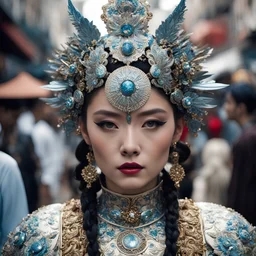 a woman wearing an elaborate headdress in a crowded street, porcelain cyborg, inspired by Steve McCurry, still image from the movie, by Ryan Yee, ken currie, demon girl, anthropomorphic character, symmetry features, ornate cosplay, chinese dress, in muted colors, björk, by emmanuel lubezki --ar 1:1