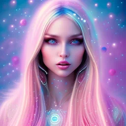 beautiful, soft, smiling face, whole head, long straight blonde hair blues eyes, crown on the head, clothing in transparent bluish and pink veil, background brillante bluish and pink, hight definition, 8K