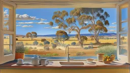 in Salvadore dalle artistic style, a view of an australian sunny peaceful landscape outside kitchen window