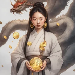 Bitcoin cryptocurrency in the hands of a traditional chinese girl, dragon