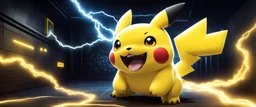 An electric Pokemon: Pikachu With Yellow Black Colors And A Zigzag Yellow Tail With angrily smiling and unleashing thunderbolt with electric waves from its back, At Dark Circuit room having yellow circuit patterned walls, at dark night Showing Dramatic AND Cinematic Ambiance.