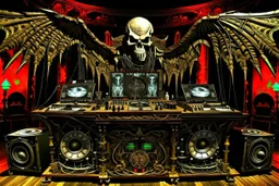 DJ of the damnded, insanely detailed DJ booth in hell, MID set, speakers and equipment made of bone, anatomically correct,