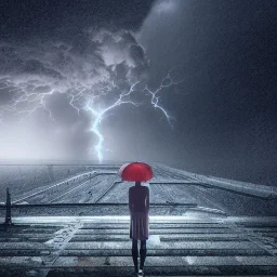 A princess standing in wait. Epic scale. Heavy cold rain. Thunderstorm. An engineer looking up. Futuristic scenary. Gray mist.