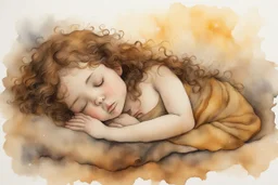 Small girl with long curly brown hair sleeping in god's hand (a big, clear hand) watercolor and ink, golden patina, glitters in ochre, backlit, mist and fog