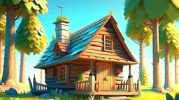 small cute fantasy wooden house near a forest, daytime