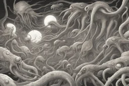 View from a spaceship into a natural event horizon in space with many enormous strange tentacled creatures, with huge mouths, flying around in the black