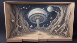 a box 10 cm long by 5 cm wide and 25 cm high, drawn on a box on all sides, space, aliens, tress and more beautiful, very realistic