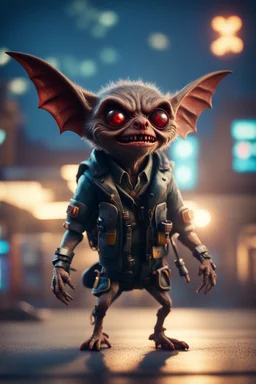 glowing vampire bat gremlin doctor hippie in the evening, hovering with glowing jets from rocket backpack over hospital, in the style of a fallout 4,bokeh like f/0.8, tilt-shift lens 8k, high detail, smooth render, down-light, unreal engine, prize winning