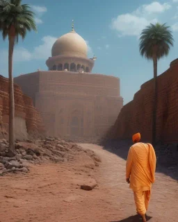 guru nanak dev ji walking away from camera, wearing saffron clothes walking in the dessert towards Mecca