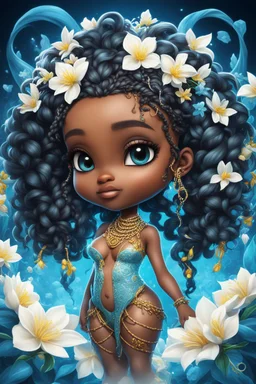 vibrant CYMATICS style art with airbrush, 4k, cartoon art image of a chibi Caribbean curvy female looking to the side with a Senegalese twists , prominent makeup with hazel eyes, highly detailed hair, background of AZURE and white jasmine flowers surrounding her , fantasy