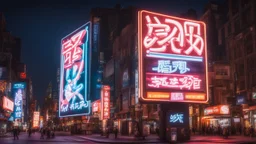 a billboard branded writing latin Odk Tokusentai with neon light, in the city center, at night.