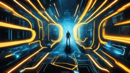 tron legacy movie, creatures programs from grid, space ships, city of the future, yellow, blue, red