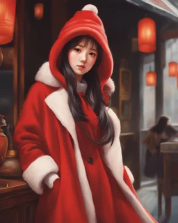 a woman wearing a red hat and scarf, by Lü Ji, realistic cute girl painting, portrait anime girl, wlop painting style, kawaii realistic portrait, realistic portrait full body, cute anime girl portrait, realistic anime art style, warm color clothes, korean artist, long red cape, by Pu Hua, red background photorealistic, wearing red attire, red coat