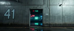 background of wall(wet textured concrete, gray, old, cracked, stained) from underground parking, hong kong style, a large number "41" painted on left(old faded paint), at middle is an opening into an asian rave club, cyberpunk