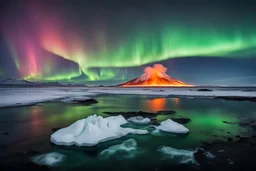 Icelandic landscape with a big volcano on Fire, 1 little iceberg on the sea, and northern lights. Also, put a big cruise boat in the middle of the image
