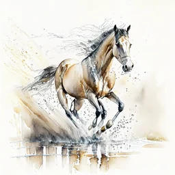 horse galloping through water, flowing, splashing, Misty morning, long view Modifiers: smooth intricate high definition beautiful lighting pencil sketch watercolor polished deep color warm light watercolor and ink LNF