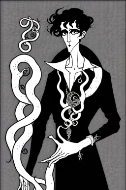 black haired young man necromancer wizard with gothic jewelry and tentacle fingers in the style of Aubrey Beardsley