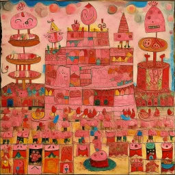 A pink circus made out of cakes and cookies painted by Paul Klee