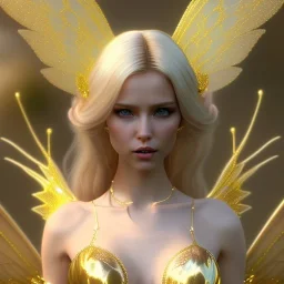 beautiful fairy very etheric, nice smiling, long blond hair, magic glamour pink make up, delicate colors, complete vision of very transparent golden and big wings, beautiful glamour transparent golden dress, ultra sharp focus, 8k, unreal engine 5, extremely sharp detail, light effect, soft light atmosphere, smooth, full of details, face in front, complete vision of face and hair and of the body