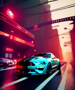 Ford mustang, asphalt, cyberpunk city, blade runner style, 4k resolution, intricate details, ornate details, soft lighting, vibrant colors, retroanime, futuristic cityscape background