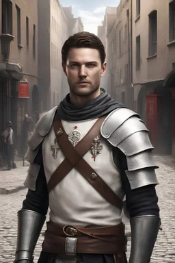 male citizen, 30 years old, knights templar, cobble street background, realistic