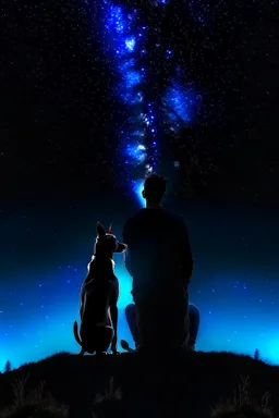 Black background on a mountaintop. A silhouette of a fit human man and a silhouette of a fit human woman sitting close to each other, looking at the stars. A Belgian malinois is in the photo behind the woman and the man.