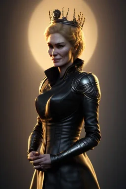 Cersei Lannister as evil queen in black leather coat, busty, cleavage, voluptuous, lena headay, angry, stern look. character design by cory loftis, fenghua zhong, ryohei hase, ismail inceoglu and ruan jia. unreal engine 5, artistic lighting, highly detailed, photorealistic, fantasy