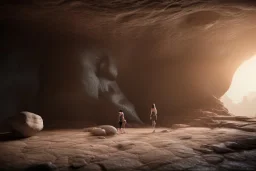 two women discovering a huge stone sarcophagus inside a cave
