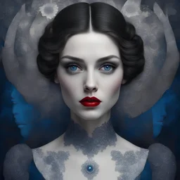 Anna Karenina; A beautiful woman standing in a dark, realistic blue eyes, mixed media, patchwork, quaint, Goth, black and white textures, splashes of red, red lips, by Aubrey Beardsley by Tomasz Setowski by Iwona Lifsches. 3D image Nikon D850 sharp focus elegant Award winning photography fantasy intricate 8k very attractive beautiful dynamic lighting hyperrealistic 4K 3D quilling John James Audubon