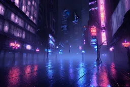 Night, Gotham city, dark, FOG, unsafe, rain, high level of detail, high definition, blue neon, blue lights, blender 3d