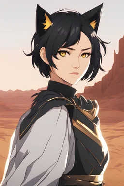 Young woman with short, black hair and cat ears. vivid gold eyes, bandit attite,smirking, desert background, RWBY animation style