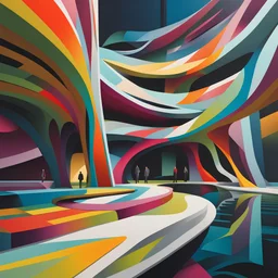 Hermoso museo de arte moderno estilo Zaha Hadid, paisaje colorido, calidad ultra, hiperdetallado, increíble obra de arte, maximalista,12k