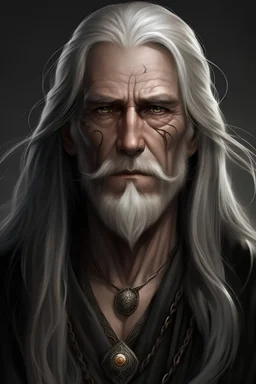 Anenigmatic Lord Of The Rings like aged mage with silver hair and dark, penetrating eyes. Adorned with black necklaces, he exudes an aura of mystery and serves as the sinister ally to the evil king.