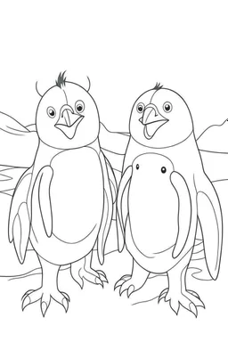 Cute penguins enjoying a snowy day, clean line art, well outlined, white background, for kids coloring book.