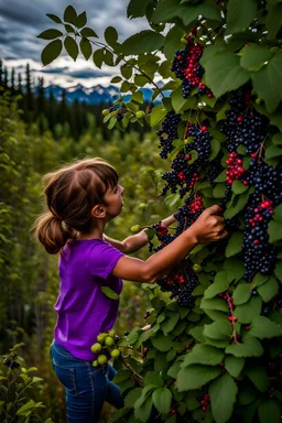 A person picking berries from a bush in a forested area in Alberta during the summer season. Suddenly they notice a plant with large, colorful berries and realize that it's deadly nightshade. They quickly back away and call for help.