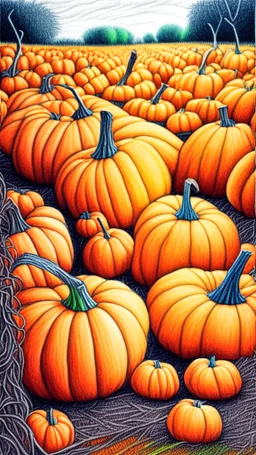 pencil drawing with colored pencils of a pumpkin patch, colorful