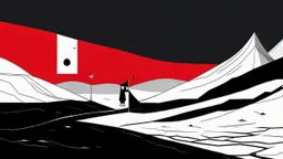 A digital illustration by Malevich of a black and white desert landscape with a minimalist red pirate flag.