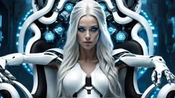 sitting An android-mutant woman with long hair, a biomechanical mutant with sky-blue eyes, white robot body, she is the AI-Medusa woman with like snakes of hair, the wirling with blue-white hair, sitting a futuristic chair, stunning, mystic and sci-fi mix creature, high detalied, sharp focus, perfect beauty, professional photo