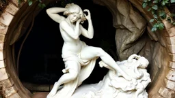 A Mannerist sculpture of a nymph in a grotto, her pose unnatural and elegant, carved from white marble with intricate details, set against a backdrop of dark, overgrown foliage and a hidden, trickling fountain.
