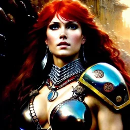 portrait beautiful face Red Sonja medieval metal armor balanciaga fashion clothe painting by gaston bussiere, greg rutkowski, yoji shinkawa, yoshitaka amano, tsutomu nihei, donato giancola, tim hildebrandt, oil on canvas, cinematic composition, extreme detail