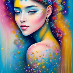 iv_a painting of a young woman, gently smiling, figurative art, an acrylic detailed painting, brush strokes, paint drips and drabs and splatters by Chris Ofili and Bryen Frost, pexels, turquoise pink and yellow, blue background by Harumi Hironaka, trending on artstation, soft lines, fauvism, highly detailed, sharp focus, smooth elegant illustration by artgerm dreamy and ethereal intricate art