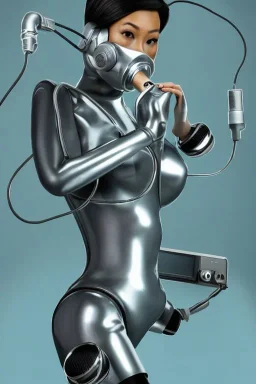 Silver to cyan surfaces body, latex. Tendril-gas-mask-Synthesizer-proboscis-laundry-machine. Asa Akira. Partly behind. Metallic headphones and speakers. Robot lab. Black leather. Perfect body, Thick legs. Old-fashioned cameras integrated to heads. Simple faces. Silver tumbler hands! Perfect skin, golden, body. Data, Cables. Optics. Partly symmetrical. Golden ratio. Space-corrosion. Rust. Steam-machines-plunge-tanks. Moth-snout-surveillance.