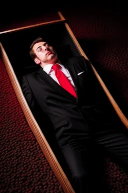 a man in black suit, red neck tie, white shirt, black pants, black shoe sleeping in a coffin, over view