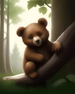 cA delightful scene of a cute little bear cub sitting on a branch of a large, sturdy tree. The adorable bear is perched comfortably with its front paws, its chubby little body resting against the branch. Its attention is fixated on a piece of paper that it holds in its fore-claws, intently coloring a vibrant picture of its woodland pals. The animal's fur is soft and fluffy, a mix of light and dark brown hues, while its eyes are expressive and curious. The branch it's sitting on is surrounded by